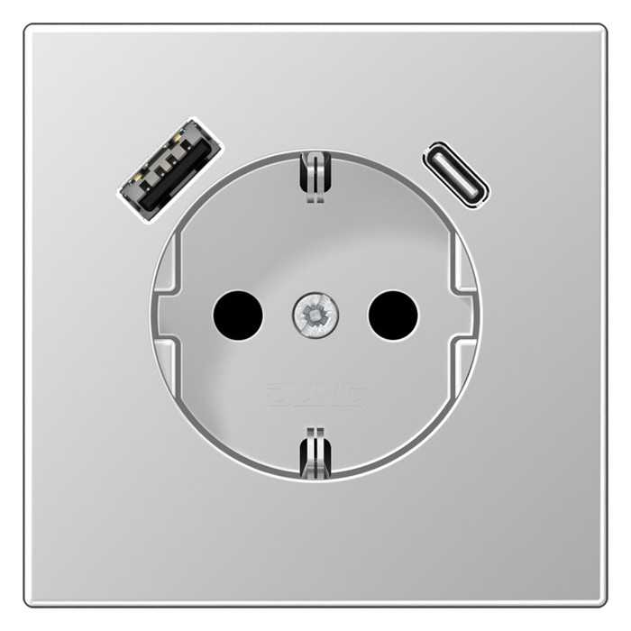 Розетка с USB Jung LS METAL, скрытый монтаж, с заземлением, алюминий, AL1520-15CA-L